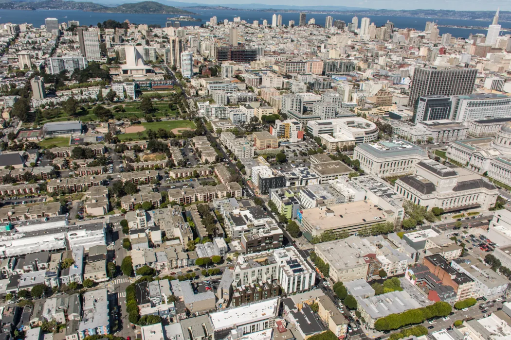 Aerial view of 300 Ivy and 388 Fulton in San Francisco, CA.