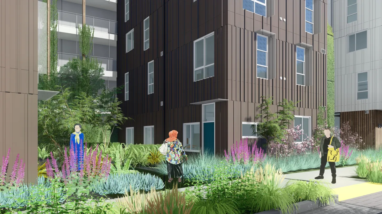 Rendering of pedestrian mews for Midway Village Phase 1 in Daly City, Ca.