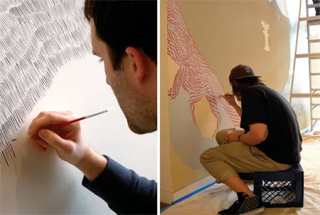 Artists painting the mural in the lobby of 200 Second Street in Oakland, California.