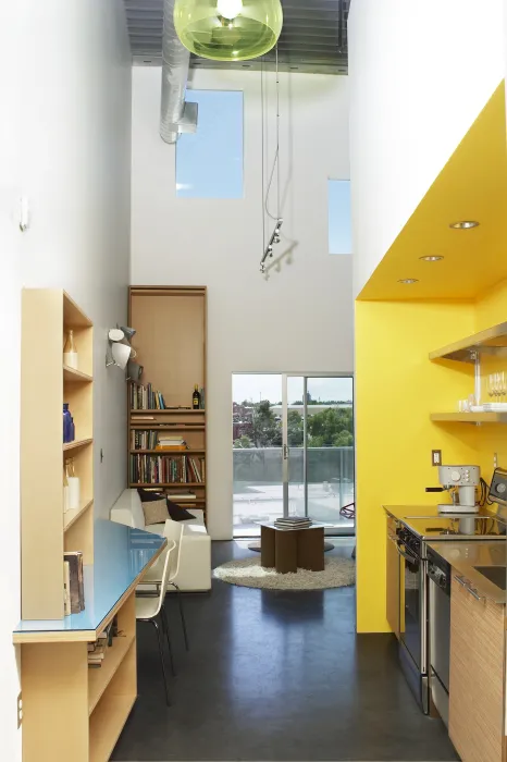 Loft entry into the kitchen inside Taxi 2 in Denver, Colorado. 