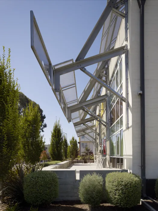 Entrance of supportive housing units at Tassafaronga Village in East Oakland, CA. 