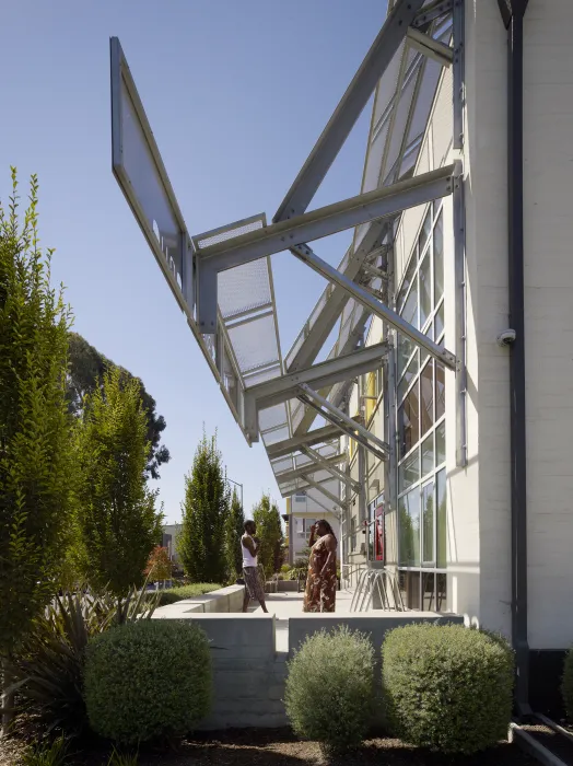 Entrance of supportive housing units at Tassafaronga Village in East Oakland, CA. 