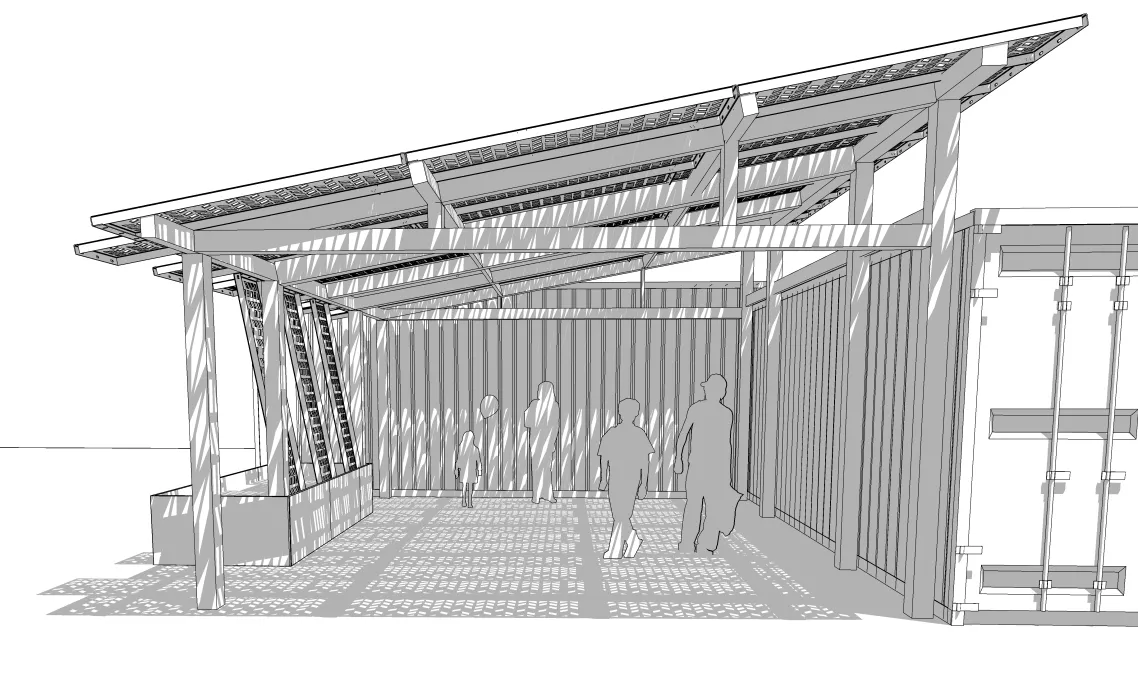 Rendering of the open entrance to Farm2Market Shade Trellis in Alameda, California.