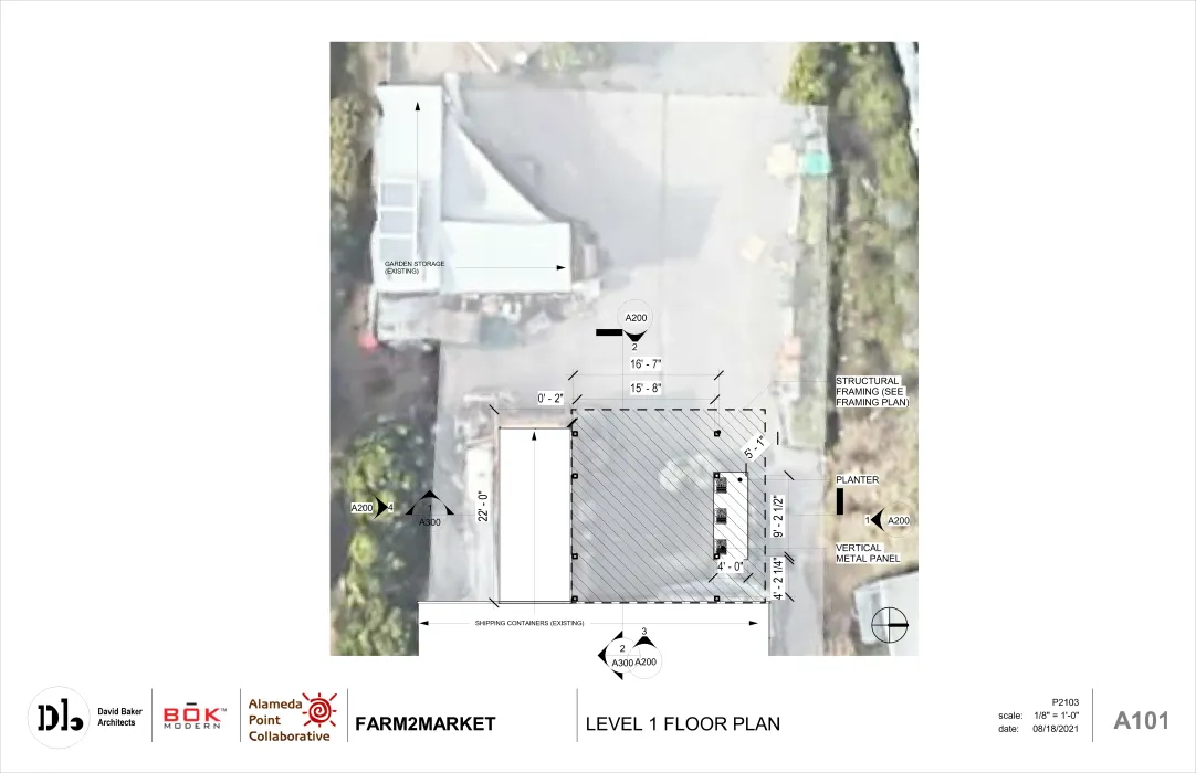 Plan with measurements for Farm2Market Shade Trellis in Alameda, California.
