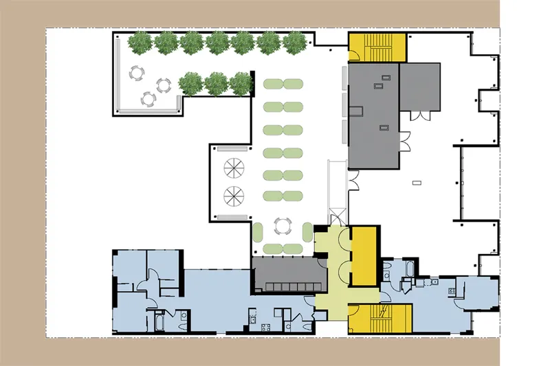 Floor plan showing roof configuration, including garden beds, at Curran House in San Francisco. 