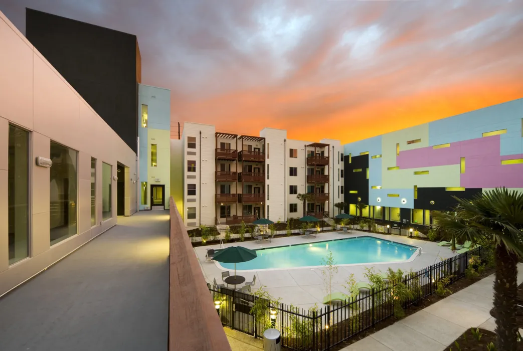 View of the pool at dusk at Paseo Senter in San Jose, California.