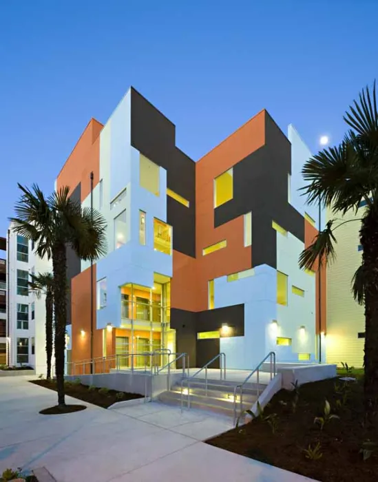 Exterior view at dusk at Paseo Senter in San Jose, California.