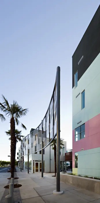 Exterior view of the community rooms woven screen at Paseo Senter in San Jose, California.