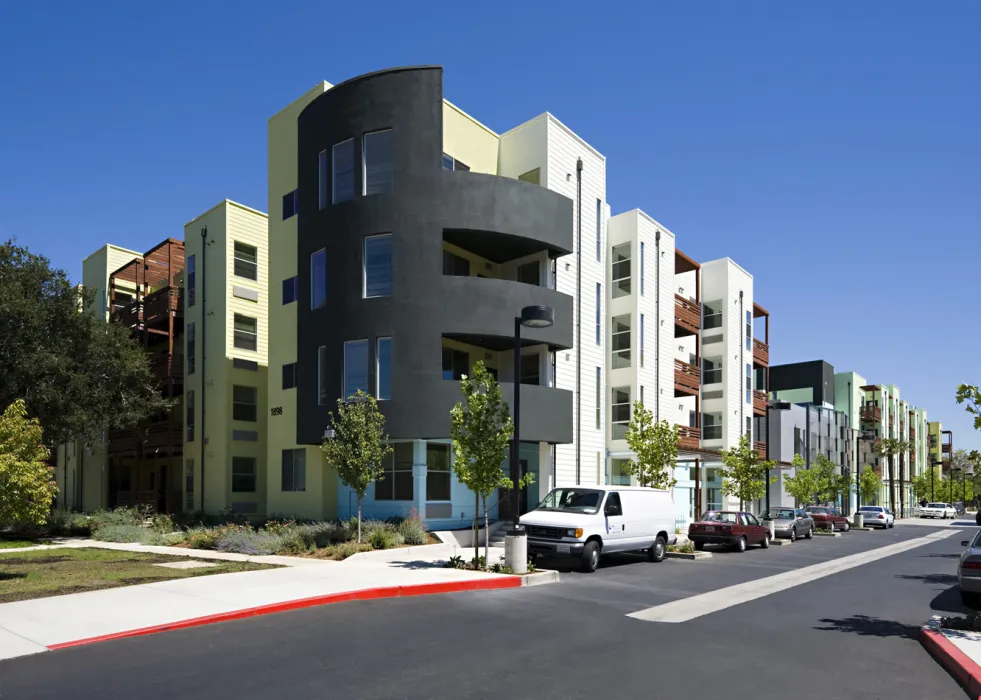 View of the curved entry bay at Paseo Senter in San Jose, California.