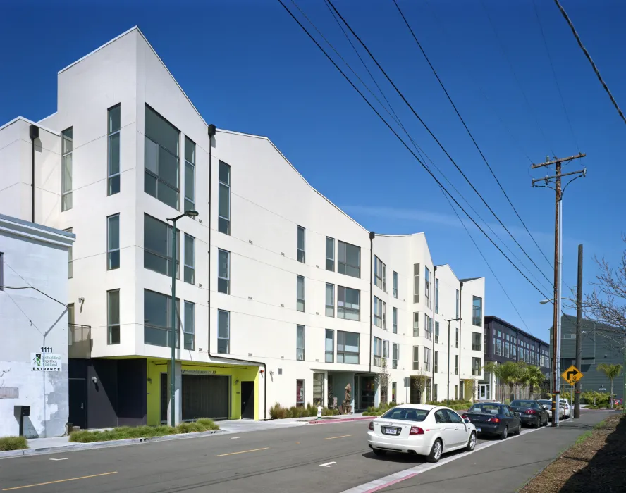 Exterior view down Pine Street of Pacific Cannery Lofts in Oakland, California.