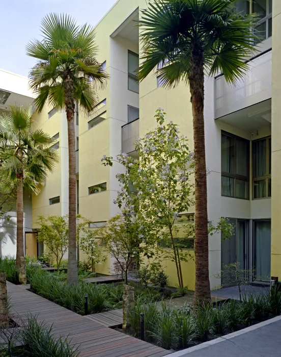 Meditation courtyard at Pacific Cannery Lofts in Oakland, California.