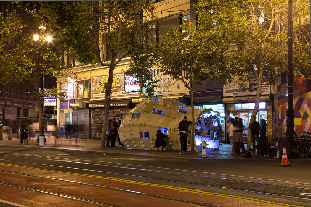 DBA's installation, PeepSHOW, for the Market Street Prototyping Festival in San Francisco at dusk.