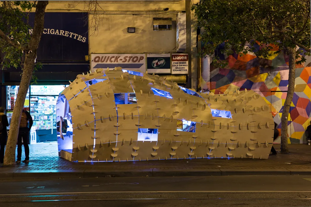 DBA's installation, PeepSHOW, for the Market Street Prototyping Festival in San Francisco at dusk..