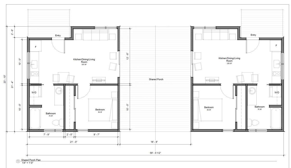 Floor plan for the adjoined tiny homes at Union Village in Talladega, Alabama.