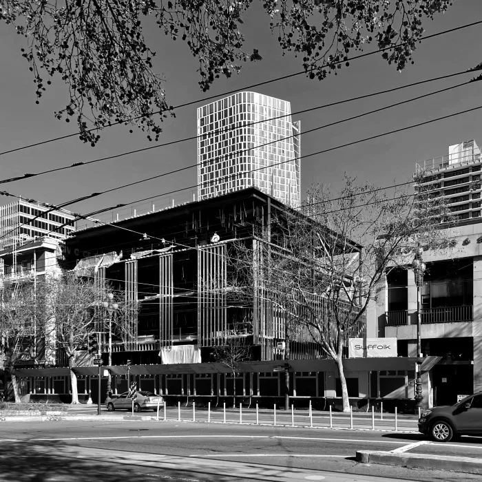 Black and white image during the construction of Local 38 Plumbers Union Hall in San Francisco. 
