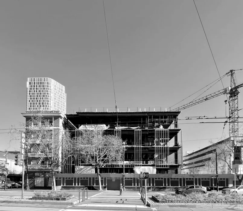 Black and white image during the construction of Local 38 Plumbers Union Hall in San Francisco. 