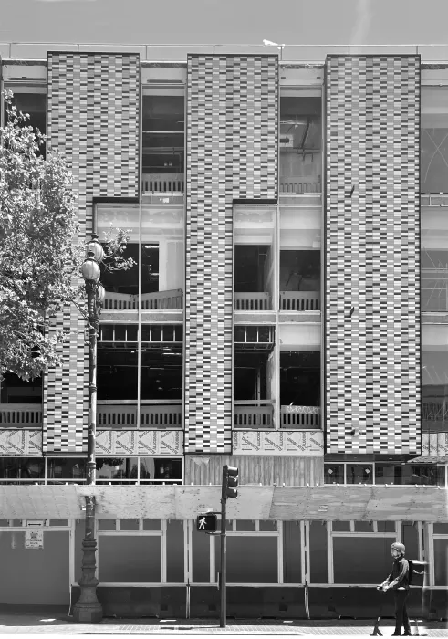 Black and white image during the construction of Local 38 Plumbers Union Hall in San Francisco. 