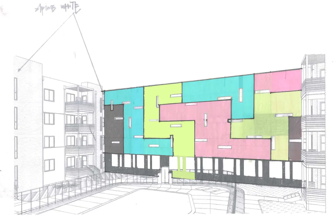 Blue, green and pink courtyard sketch for Paseo Senter in San Jose, California.