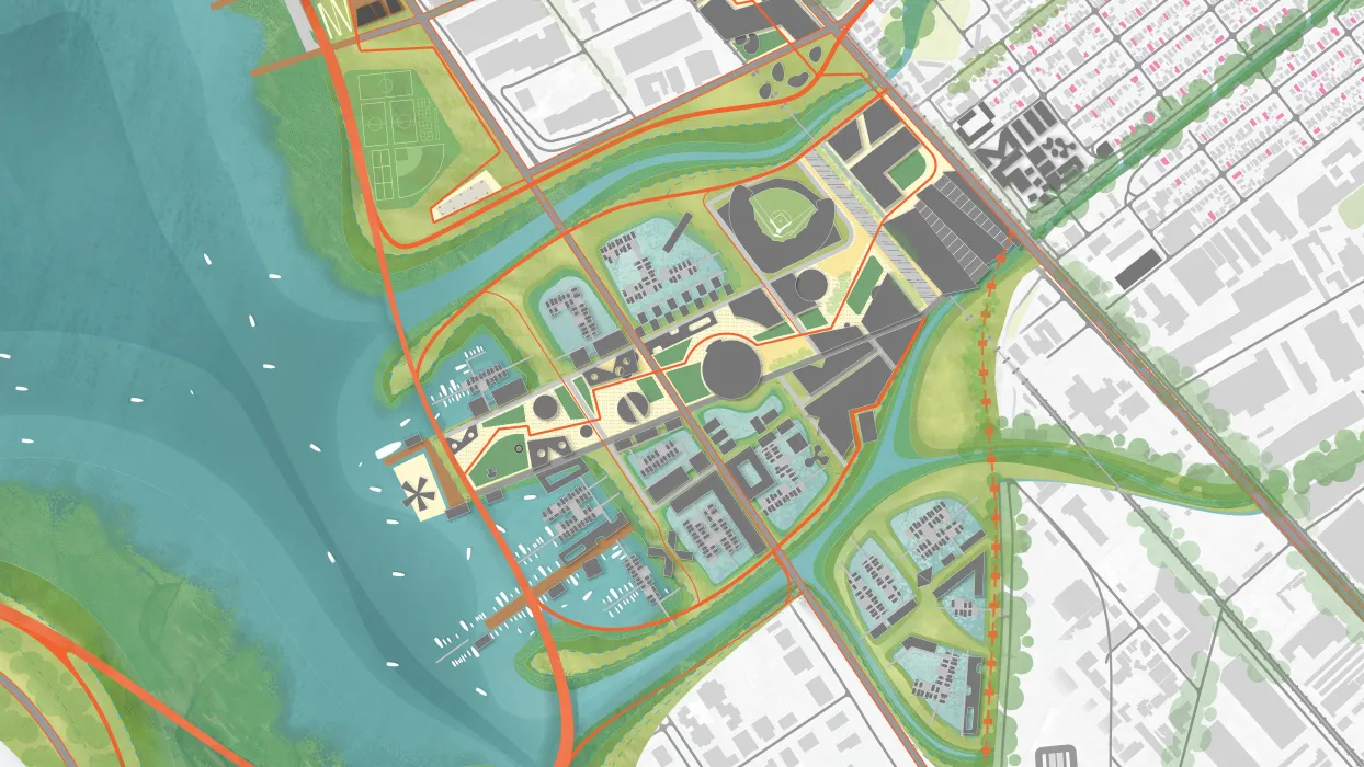 Aerial site plan by the All Bay Collective of Estuary Commons in San Leandro, Ca.