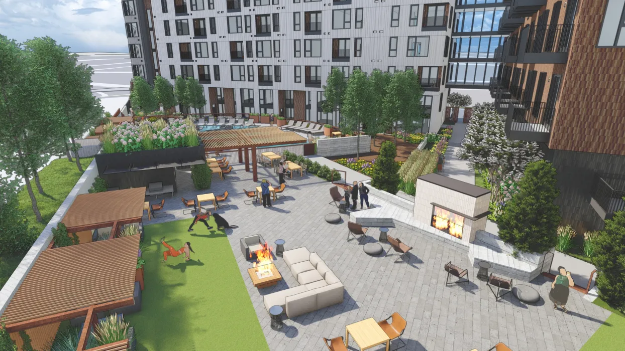 Exterior rendering of the residential patio with seating and fire pits at Union Brick in Nashville, Tennessee.