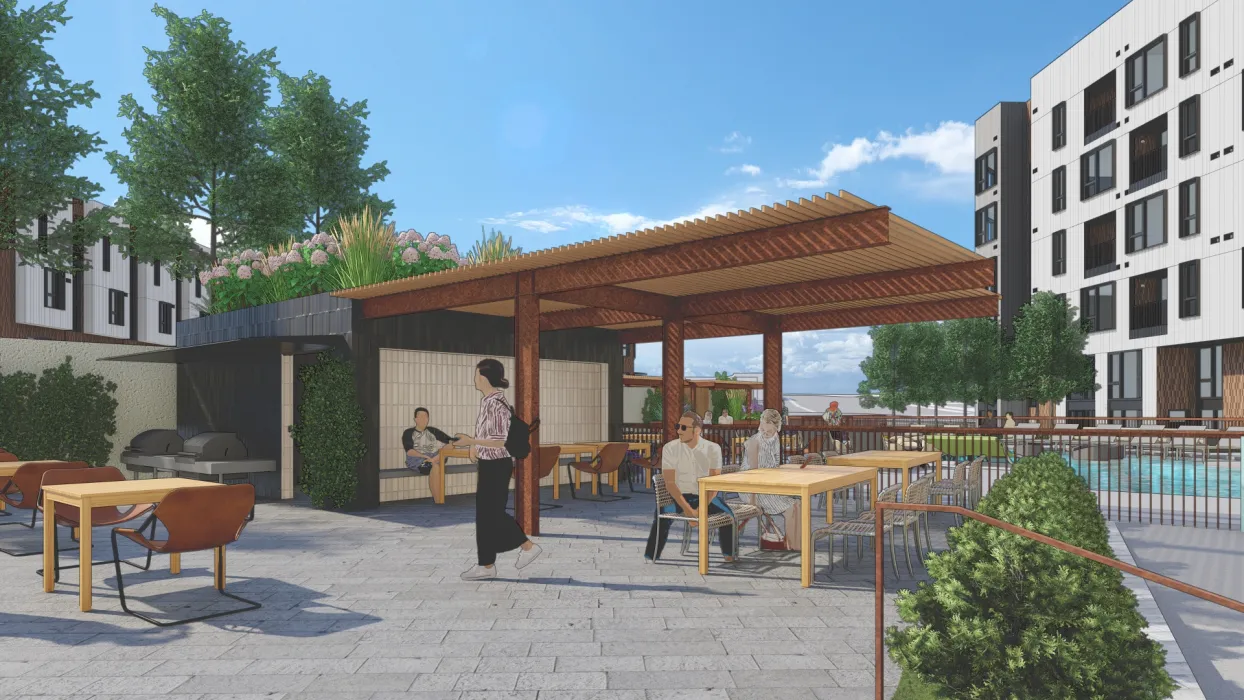 Exterior rendering of the seating area by the pool at Union Brick in Nashville, Tennessee.
