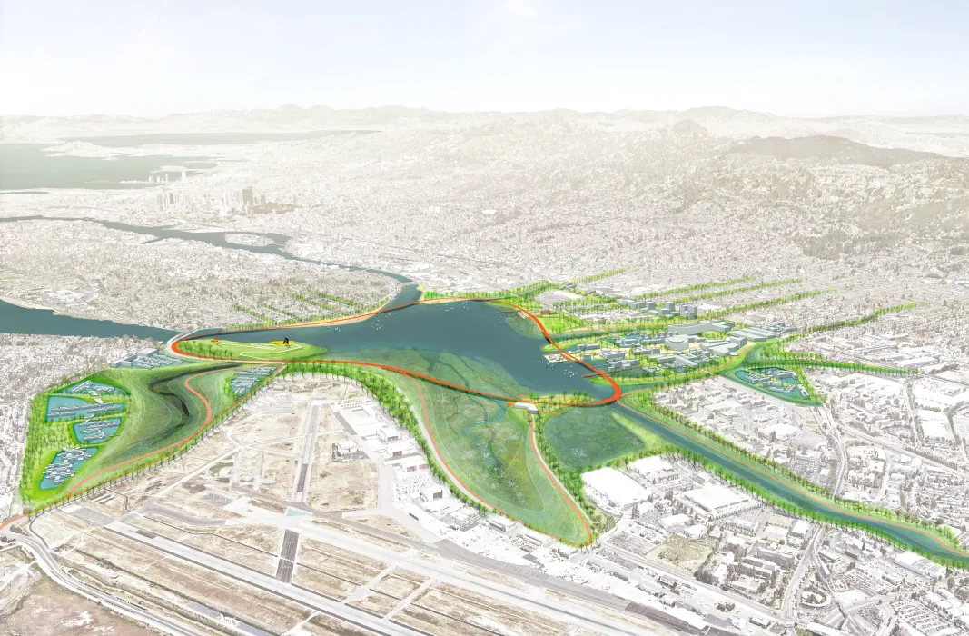 Aerial rendering by the All Bay Collective of Estuary Commons in San Leandro, Ca.