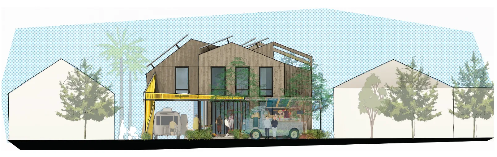 Rendering of street elevation for  More-Plex, a competition entry for kit-of-parts collaborative housing.