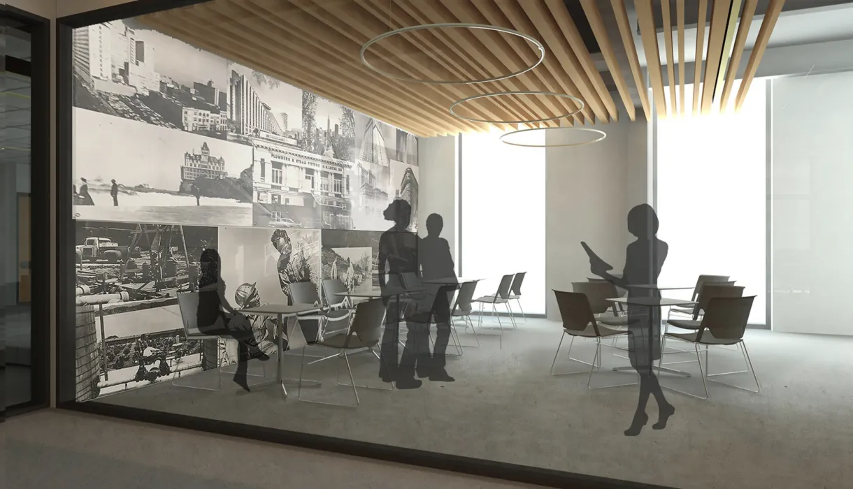 Interior rendering of an open seating and meeting area for Local 38 Plumbers Union Hall in San Francisco. 