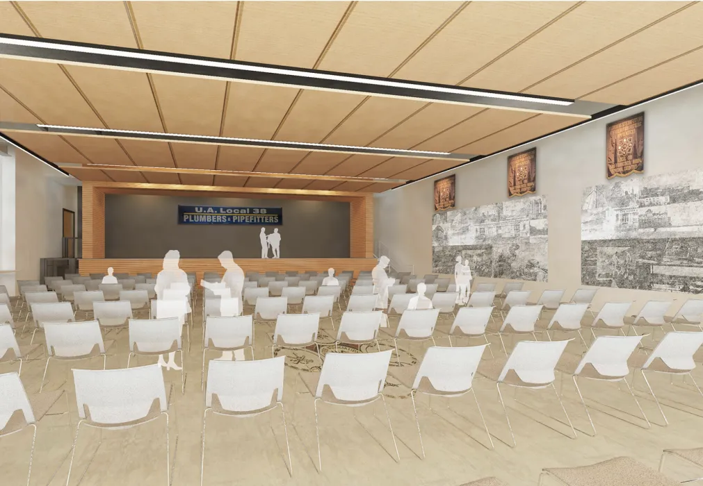 Interior rendering of the auditorium for Local 38 Plumbers Union Hall in San Francisco. 