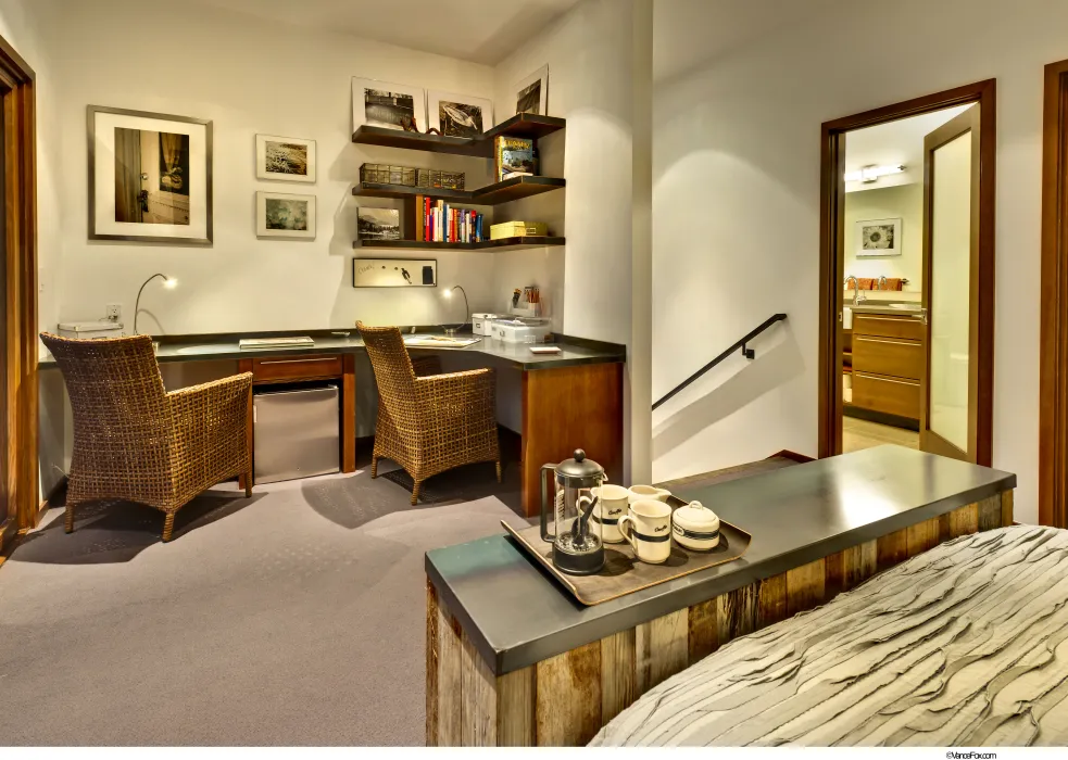 Interior view of a bedroom at Truckee Prototype Mixed-Use Townhouse in Truckee, California.