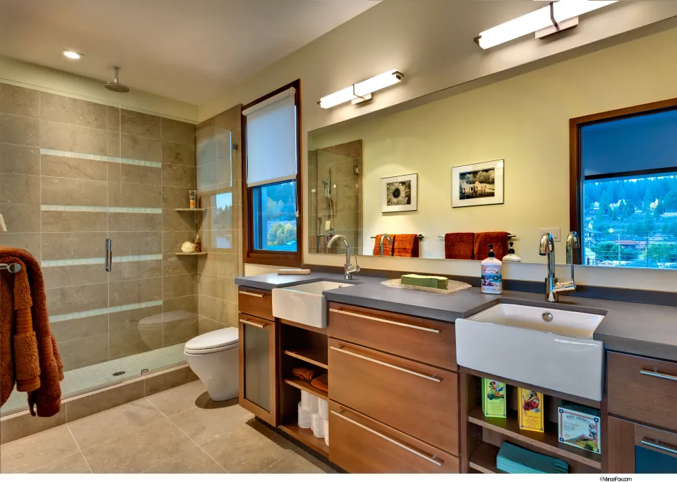 Interior view of the bathroom at Truckee Prototype Mixed-Use Townhouse in Truckee, California.