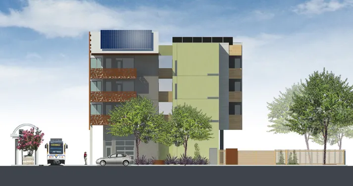 South elevation rendering of La Valentina Station in Sacramento, Ca.