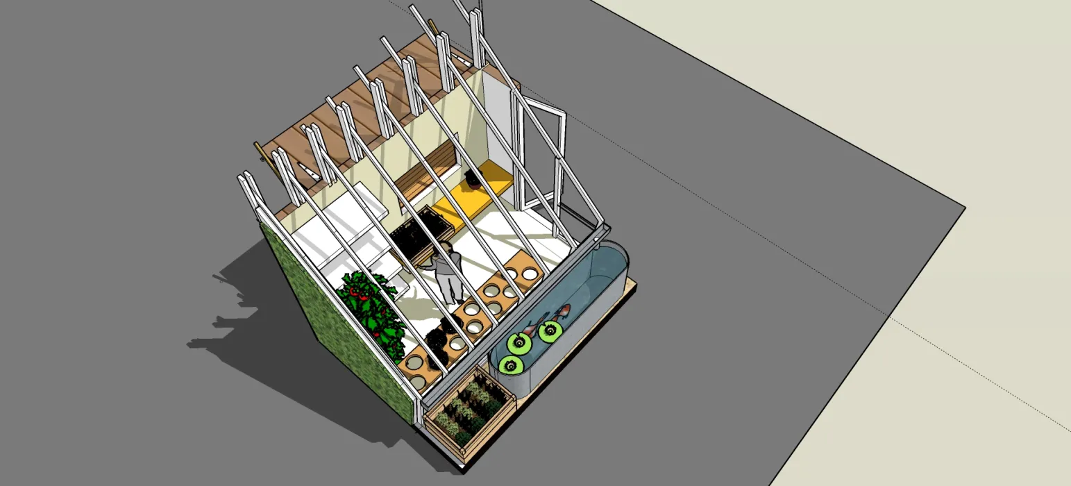 Rendering of Farm to Table a wooden farmstand-inspired mini-greenhouse playhouse.