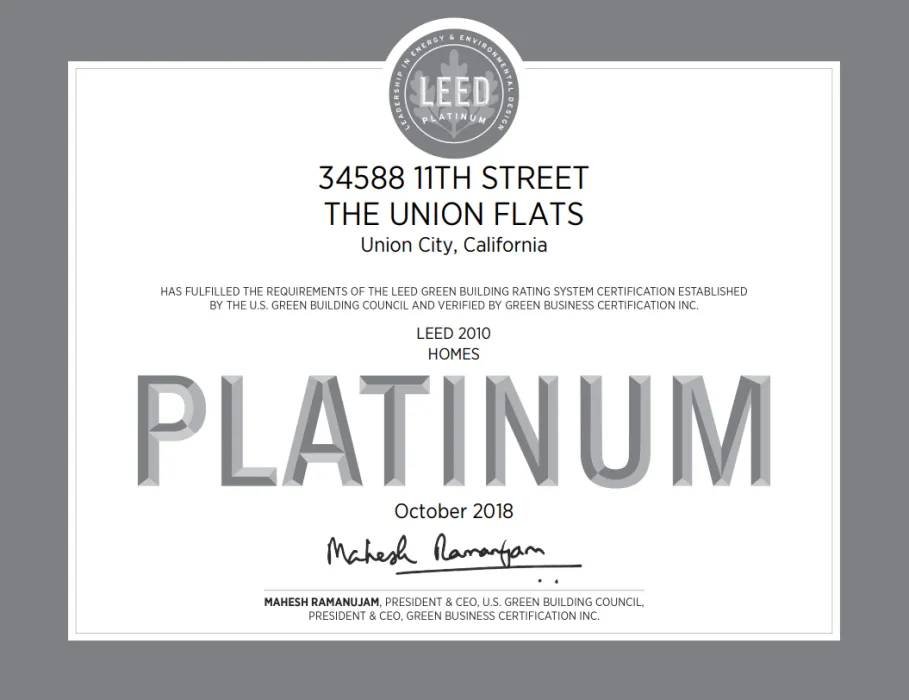 Leed platinum certification for Union Flats in Union City, Ca.