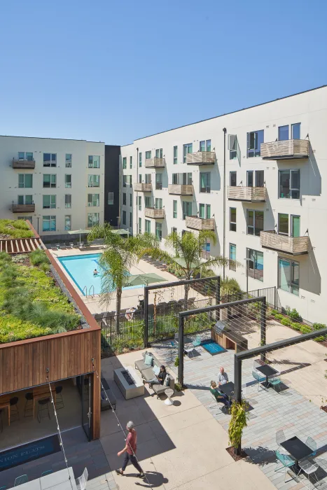 View of the courtyard and pool in Union Flats in Union City, Ca.