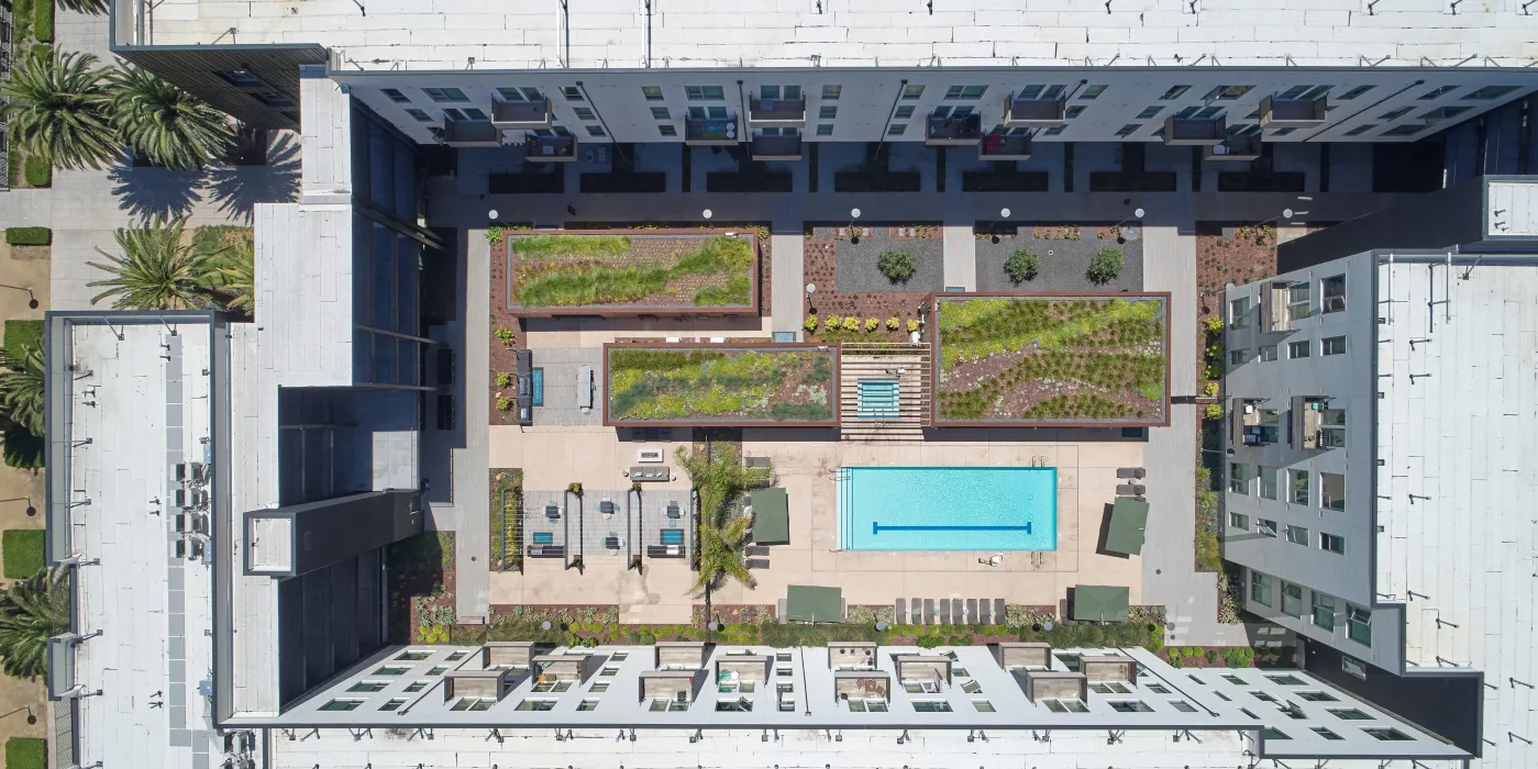 Aerial view of the courtyard in Union Flats in Union City, Ca.