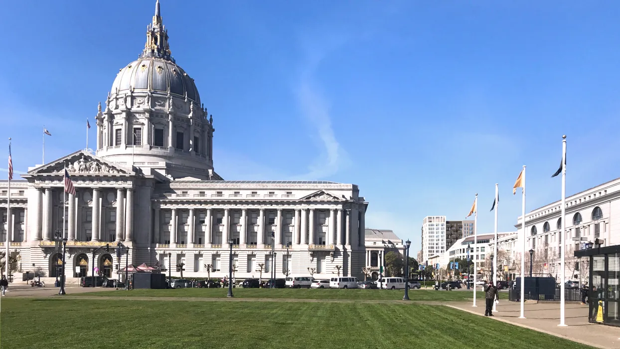 View of Civic Center Plaza in San Francisco with the rendered 600 McAllister in the background.