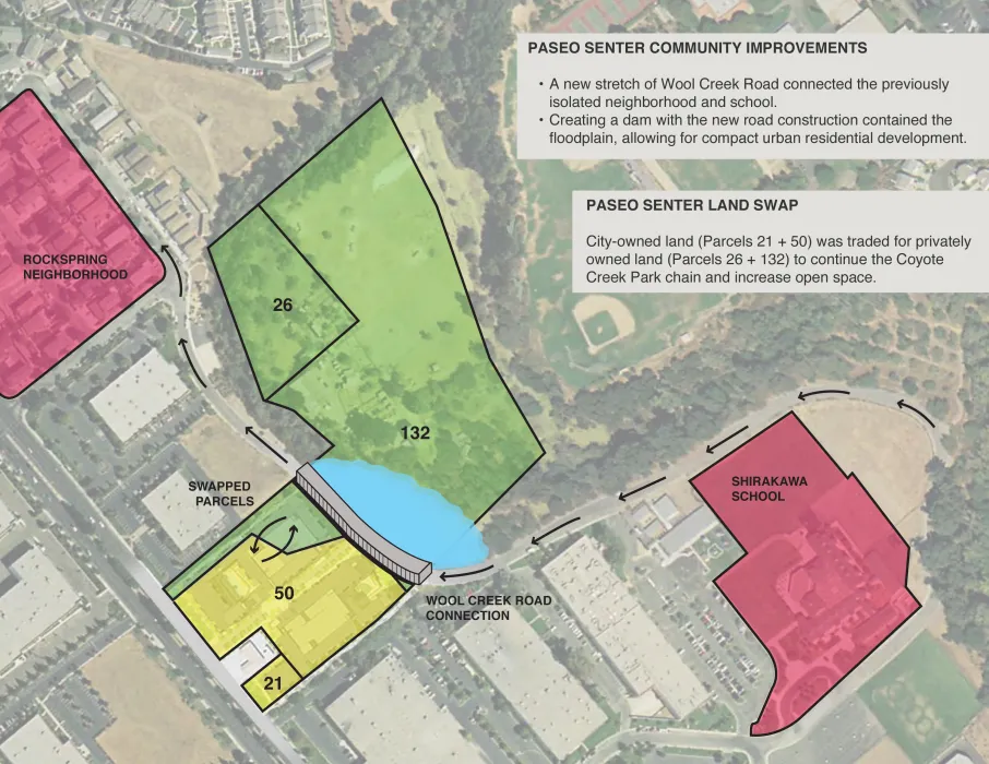 Sketch of the site for Paseo Senter in San Jose, California showing the land swap.