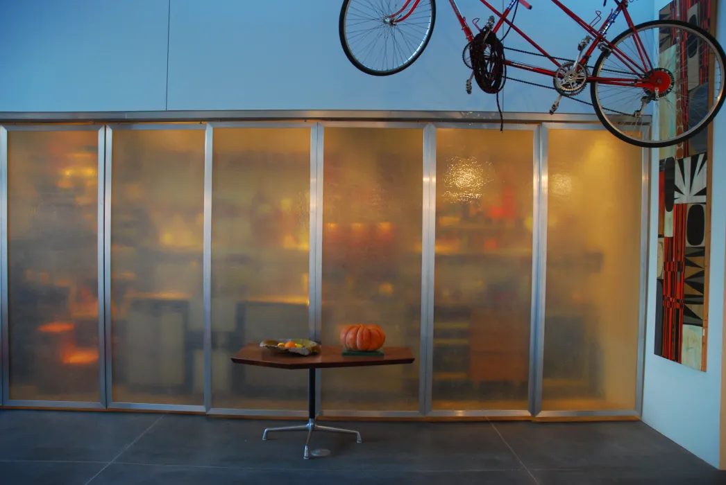 Kitchen space that is behind translucent fiberglass panel at Shotwell Design Lab in San Francisco. 