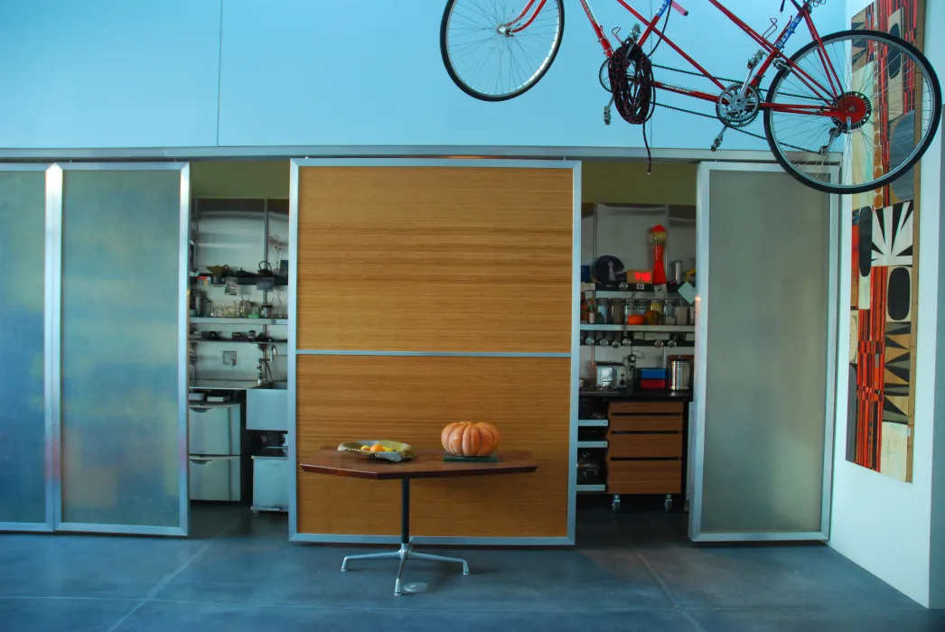 Kitchen space that is behind translucent fiberglass panel at Shotwell Design Lab in San Francisco. 