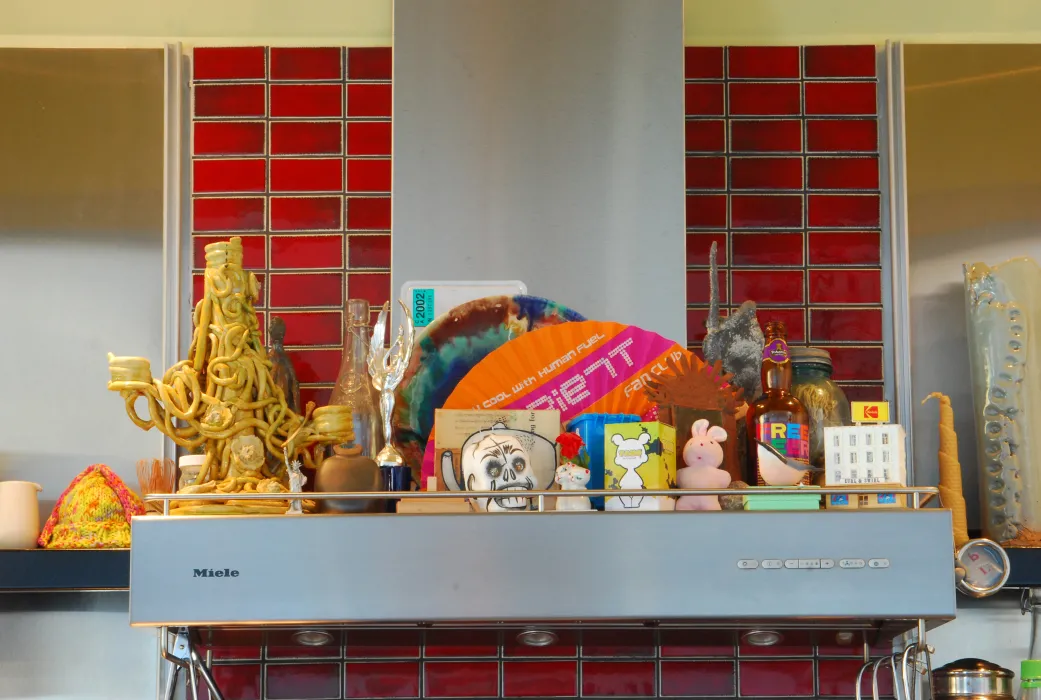 Trinkets above the stove at Shotwell Design Lab in San Francisco.