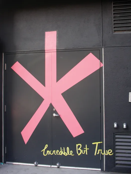Painted mural on the dark facade of Curran House showing a big pink asterisk with a handwritten legend in yellow reading "Incredible but true"