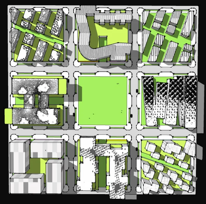 Aerial site plan for the nine blocks of humanCITY.