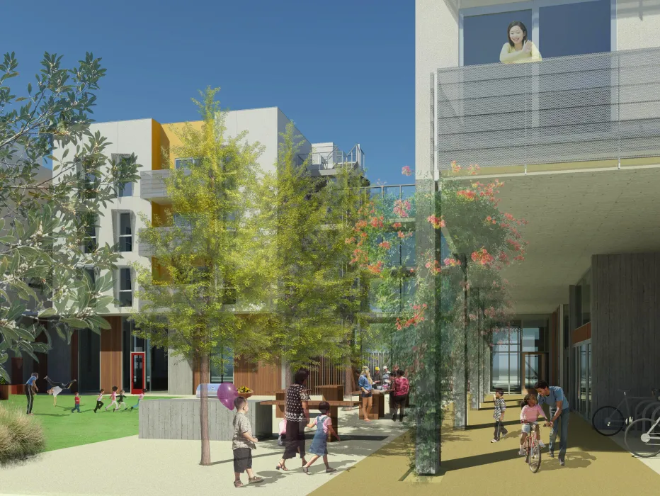 Rendered courtyard of Mayfield Place in Palo Alto, Ca.
