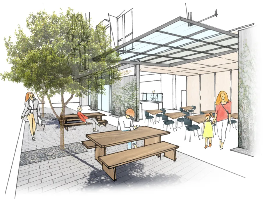 Exterior rendering of the outdoor courtyard that opens up to the inside of Johnny Doughnuts in San Francisco.