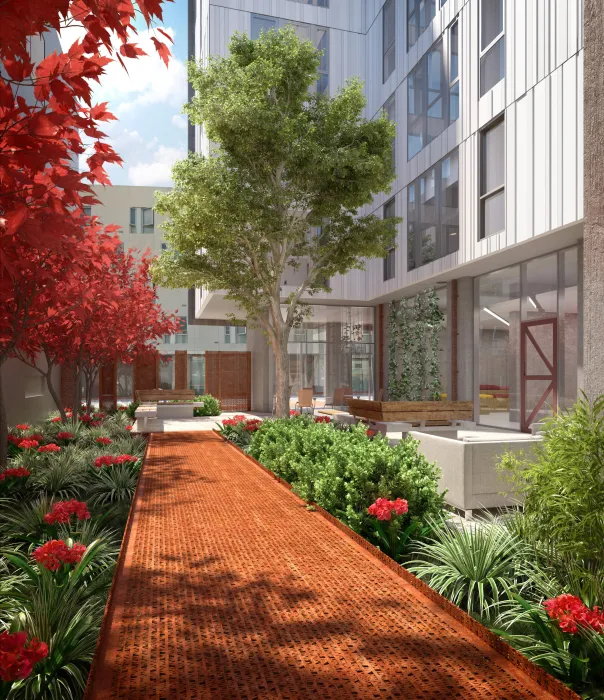 Rendering of courtyard view of 388 Fulton in San Francisco, CA.