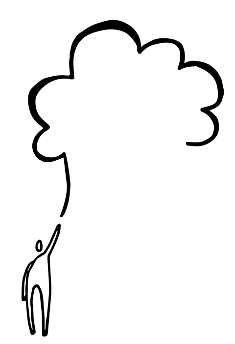 Basic outline sketch of a person holding their arm up connecting to a cloud.