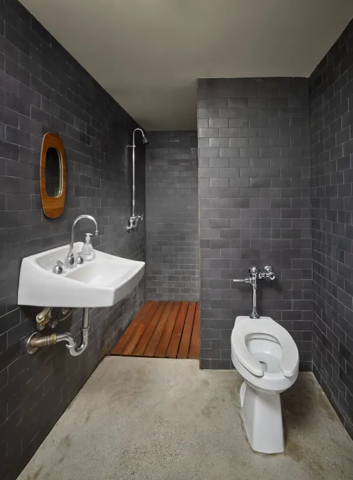 Bathroom covered in black tile inside Shotwell Garden Retreat in San Francisco.