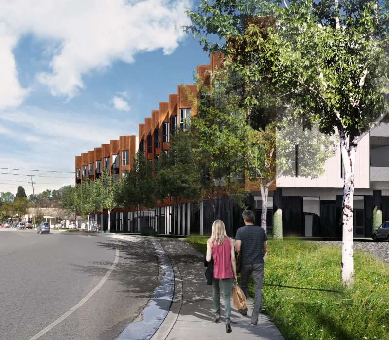 Rendering view of the sidewalk leading to Blue Oak Landing in Vallejo, California.