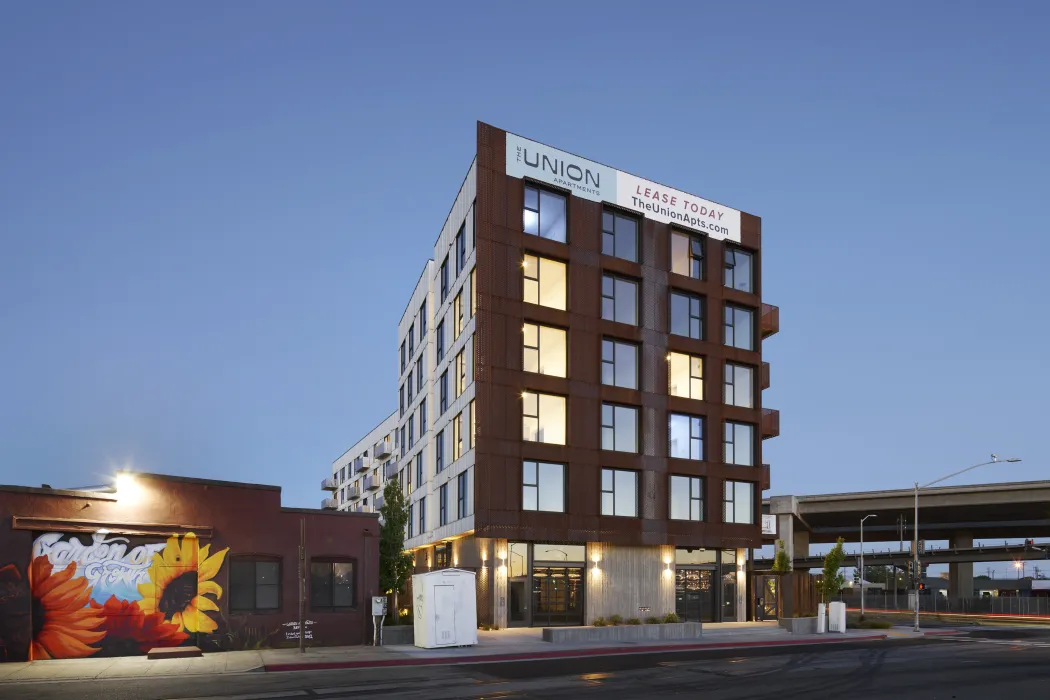 Exterior view at dusk at The Union in Oakland, Ca. 